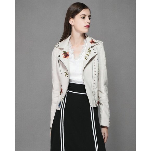 Women Beige Floral Embroidered Faux Leather Jacket PU Coat Stylish Outerwear - Picture 7 of 7